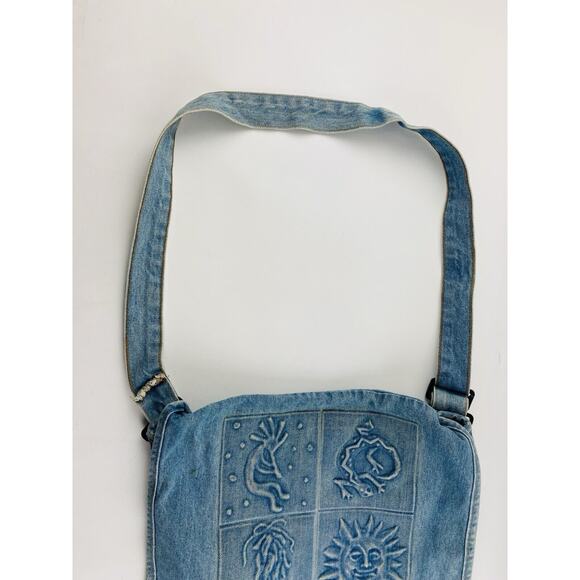 Vintage Blue Jean Embossed Denim Messenger Shoulder Bag Kokopelli Lizard Native - Picture 4 of 15